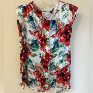 Tahari Red and Green Floral Blouse